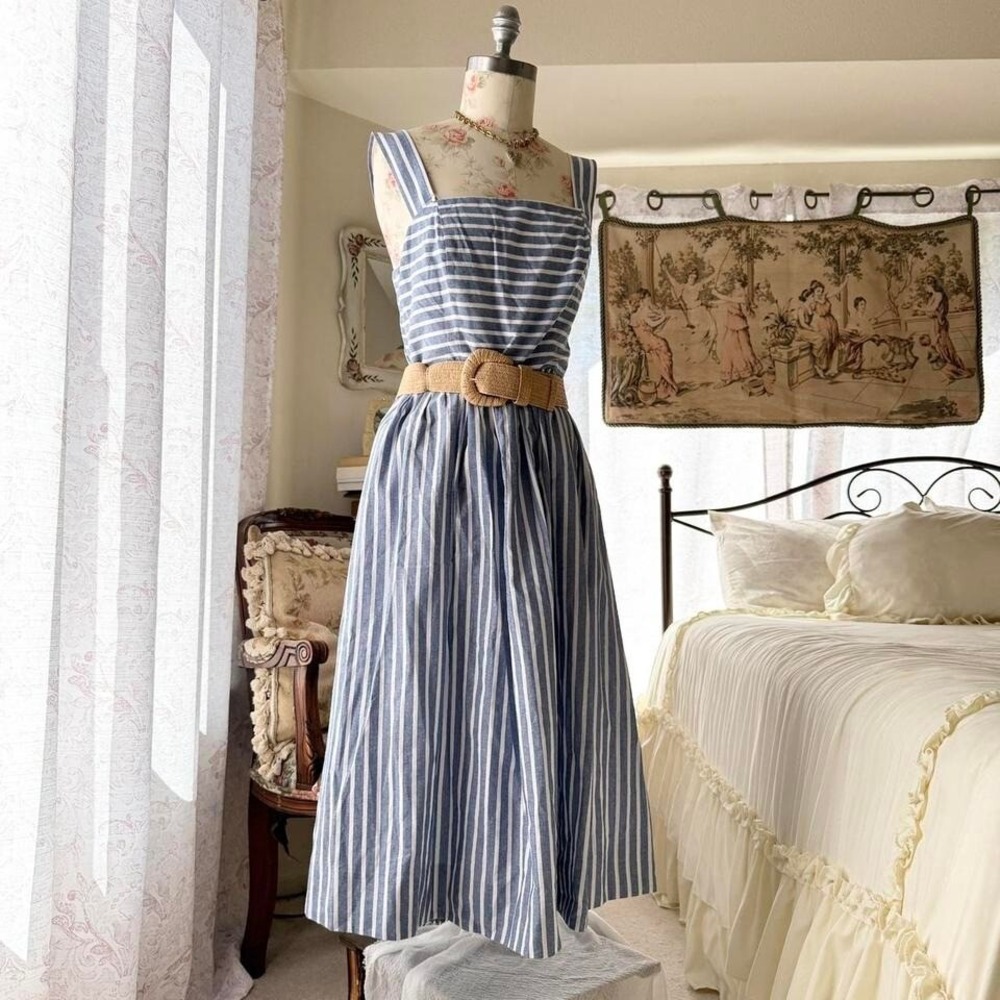 eliza j blue‎ striped summer midi belted dress womens 8